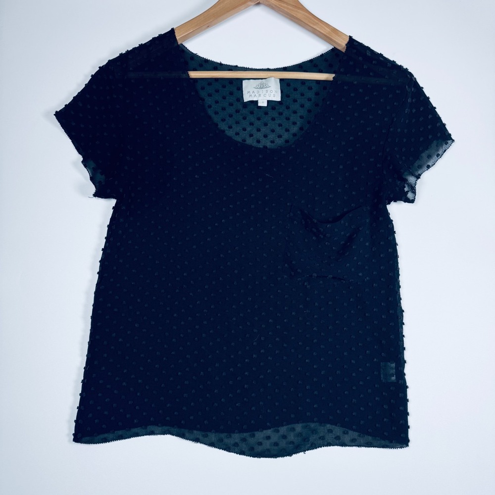 Madison Marcus Blouse Womens Small Black Silk Swiss Dot Sheer Short Sleeve Top